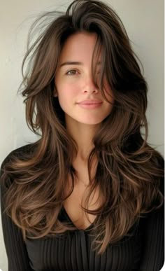 Burnett Layered Hair, Layered Hair U Shape, Layered Side Part Hair, Medium Length Haircut For Thick Wavy Hair Round Faces, Dark Medium Length Hair With Layers, Textured Medium Length Hair, Brunette With Hazel Eyes, Layered Wavy Haircuts, Long Angled Haircut