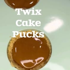 two cakes with chocolate frosting on top and the words twin cake picks above them