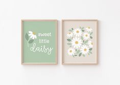 two framed art prints with daisies and the words sweet little daisy in white letters