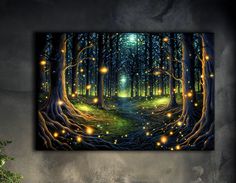 a painting on the wall of a forest with fireflies flying over it and glowing lights in the trees