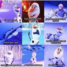 the many faces of disney's frozen snowman in various scenes, with captioning below