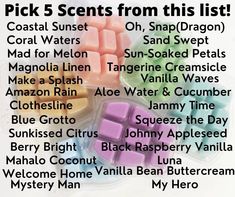 the words pick 5 scents from this list are in different colors and sizes,