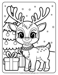 Cute cartoon reindeer standing beside a decorated Christmas tree with gifts, designed for a coloring page. Perfect for holiday-themed art activities for children. Printable Christmas Coloring Pages Free, Christmas Coloring Pictures Free Printable, Christmas Kids Coloring Pages, Free Kids Christmas Coloring Pages, Christmas Printables Free Kids Coloring, Christmas Colouring Pages Free, Kids Christmas Coloring Pages Printable, Toddler Christmas Coloring Pages, Christmas Coloring For Kids