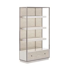 a white shelf with drawers and shelves on it's sides, in front of a white background