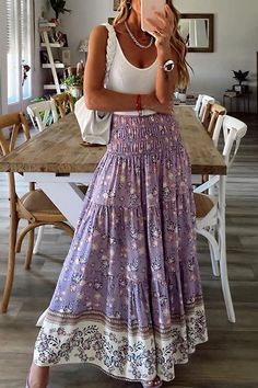 Stile Boho Chic, Printed Long Skirt, Boho Mode, Estilo Hippy, High Waisted Maxi Skirt, Estilo Hippie, Rock Outfit, Mode Boho, Floral Maxi Skirt