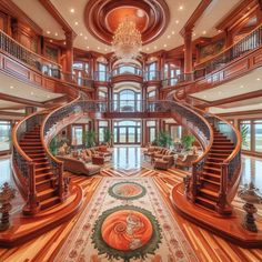 a large staircase in the middle of a living room