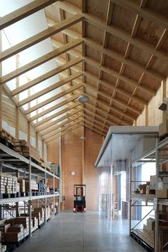 the inside of a warehouse with lots of shelves