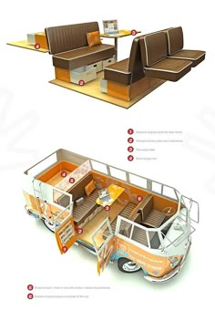 an image of the inside of a bus with seating and accessories on it's sides