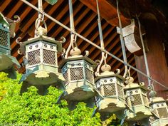 several old fashioned lanterns hanging from the side of a wooden structure in front of trees