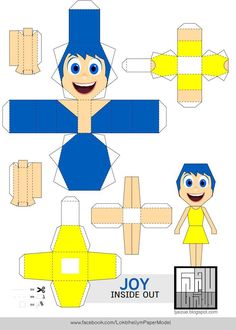 the paper doll is made to look like she has blue hair and yellow dress on