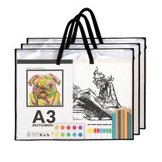 three shopping bags with different colored pencils on the front and bottom, each containing an image of a dog