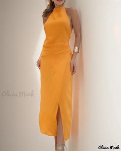 Olivia Mark - Elegant Sleeveless Casual Dress with Ruched Detail Chic Orange Halter Neck Sleeveless Dress, Solid Sleeveless Maxi Dress For Brunch, Sleeveless Maxi Dress For Cocktail, Sleeveless Orange Maxi Dress For Evening, Orange Sleeveless Maxi Dress For Evening, Sleeveless Ruched Maxi Dress, Sleeveless Ruched Solid Maxi Dress, Fitted Sleeveless Halter Dress For Brunch, Orange Halter Neck Maxi Dress For Date Night