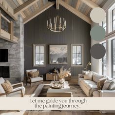 a living room filled with furniture and a chandelier hanging from the ceiling next to windows