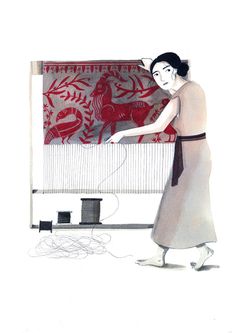 an illustration of a woman weaving on a loom with red and white wallpaper in the background