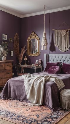 Brown And Purple Room Ideas, Unique Wall Color Ideas, Victorian Purple Bedroom, Smokey Purple Bedroom, Grey And Dark Purple Bedroom, Maximalist Decor Purple, Purple For Bedroom Walls, Purple And Orange Boho Bedroom, Bright Witchy Bedroom