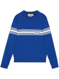 Blue wool sweater by GUCCI, characterized by front logo with graphic detail in shades of white, crew neck and long sleeves. This item is in size S and the color is Gucci White Sweater With Ribbed Cuffs, White Gucci Sweater With Ribbed Cuffs, Gucci Wool Crew Neck Sweater, Gucci Winter Sweatshirt With Ribbed Cuffs, Gucci Sweatshirt With Ribbed Cuffs For Winter, Winter Gucci Sweatshirt With Ribbed Cuffs, Gucci Sporty Sweatshirt With Ribbed Cuffs, Gucci Sporty Sweatshirt With Logo Detail, Gucci Blue Casual Sweater