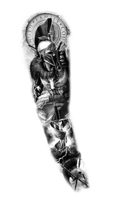 a black and white photo of a man's arm with an armor tattoo on it