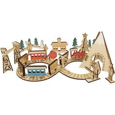 a wooden toy train set with trees and buildings