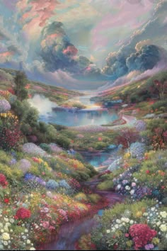 a painting of flowers and clouds in the sky above a river with water running through it