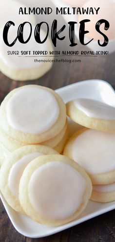 some cookies on a white plate with the words almond meltaway cookies above it and in the background