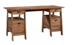 a wooden desk with two drawers on each side and an open drawer at the top