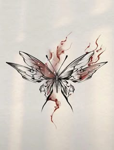 a drawing of a butterfly on a white sheet with red streaks around it's wings