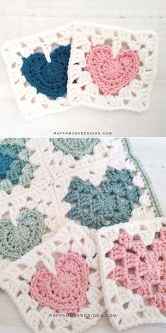 crocheted hearts are on top of the afghan