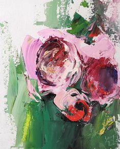 an abstract painting of pink flowers in green vase on white background with red and yellow accents