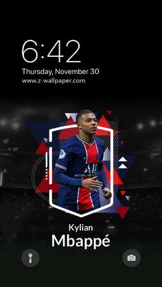 an iphone screen with the image of a soccer player in blue and red on it