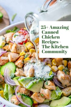 a white bowl filled with chicken and veggies next to a bottle of ranch dressing