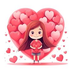 a girl holding a heart with lots of hearts around her