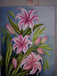 a painting of pink flowers on a blue background