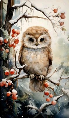 an owl sitting on top of a tree branch with berries around its neck and eyes