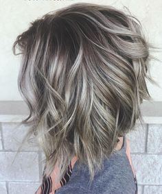 Ash Brown Balayage Curtain Bangs, Gray Hair Highlights Silver Ash Blonde Long Bobs, Medium Length Aline Bob, Beveled Haircut Medium, Ash Blonde Hairlights, Dark Hair Short Cuts, Dark Brown Hair With Grey, Low Lights For Grey Hair Over 50, Blending Grey Hair With Dark Hair