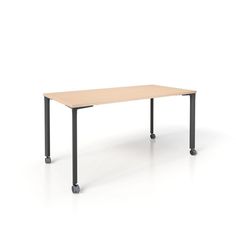 a rectangular table with wheels on the bottom and one leg up, in front of a white background