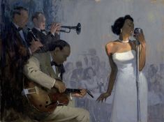 a painting of a woman in a white dress singing into a microphone while a man plays the guitar