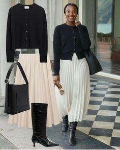 Pleated Maxi Skirt Outfit Winter, Pleated Skirt And Cardigan Outfit, Pleated Maxi Skirt For Winter Workwear, Skirts With Sweatshirts Outfit, Fall Workwear Pleated Maxi Skirt, Old Money Pleated Skirt Outfit, Chic Winter Pleated Skirt, Winter Workwear Pleated Skirt, Skirt Sweatshirt Outfit