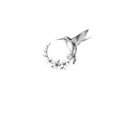 a drawing of a hummingbird flying through the air with flowers in front of it