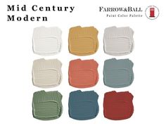 six different colors of paint for the mid century modern furniture collection, with text overlaying them