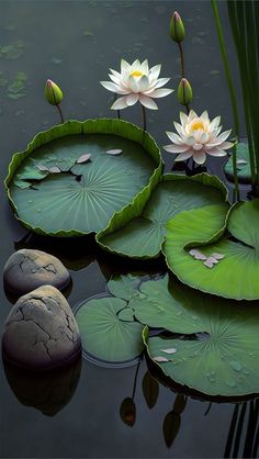 two white water lilies are in the pond