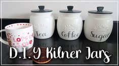 coffee mugs and jars with the words diy kleener jars on them