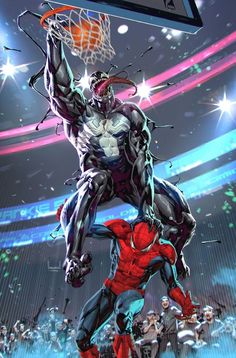 spider - man and black panther in front of a basketball hoop