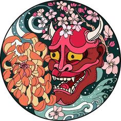 an image of a demon with flowers in the background