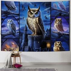 three owls sitting on top of a castle wall hanging in front of a white brick wall