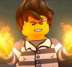 the lego movie character is holding his hands out in front of him, with flames coming from