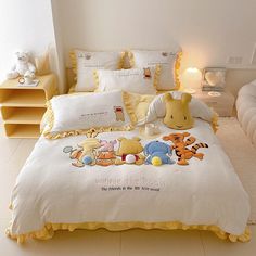 Disney Winnie The Pooh Cute Pure Cotton Four-Piece Bed Set - Harmony Gallery Winnie The Pooh Cute, Soft Bed Sheets, Yellow Bedding, Soft Bed, Double Duvet Covers, Adorable Cartoon, Cartoon Animation, Bed Sets, Twin Duvet