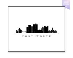 the fort worth skyline is shown in black and white, with text that reads fort worth