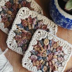 three crocheted coasters on top of a wooden table next to a potted plant