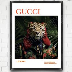 a leopard wearing a red scarf with the words gucci on it