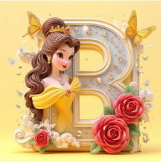 the letter b is decorated with flowers, butterflies and a princess's face on it